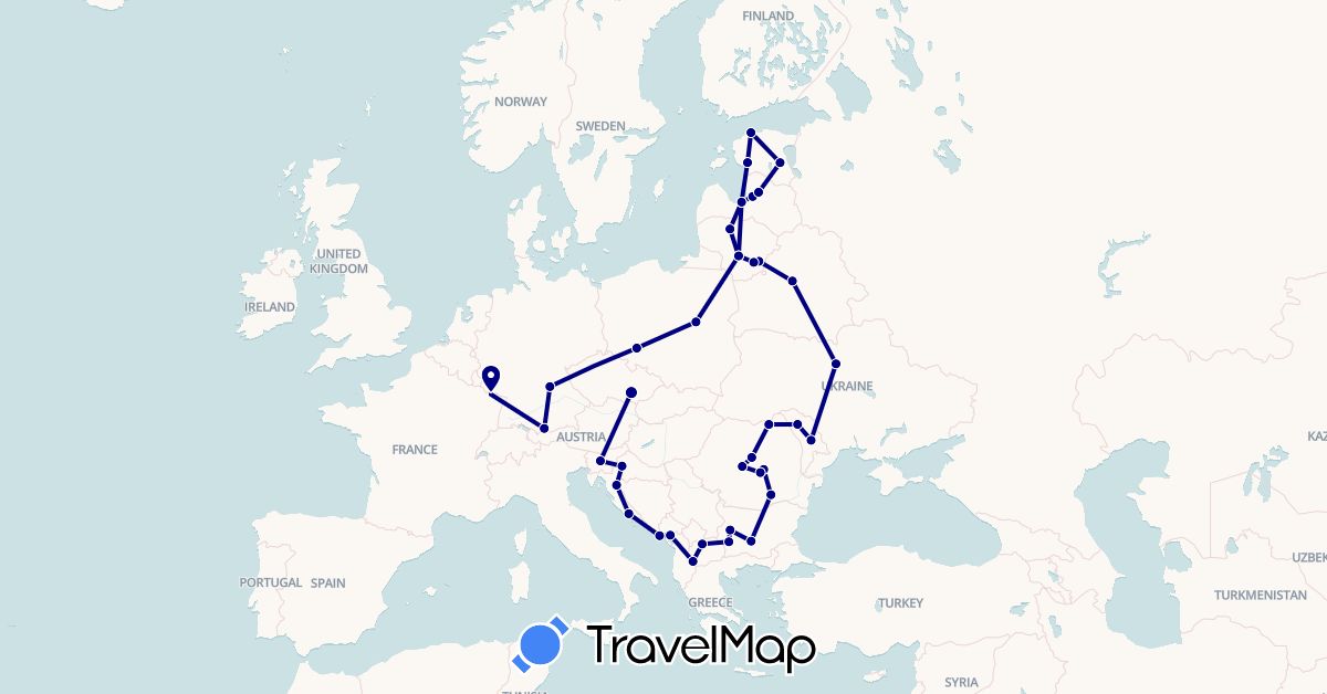 TravelMap itinerary: driving in Bulgaria, Belarus, Czech Republic, Germany, Estonia, France, Croatia, Lithuania, Latvia, Moldova, Montenegro, Macedonia, Poland, Romania, Slovenia, Ukraine (Europe)